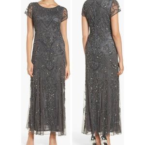 PISARRO NIGHTS Beaded Mesh Column Gown - Size 12 / Slate Gray
